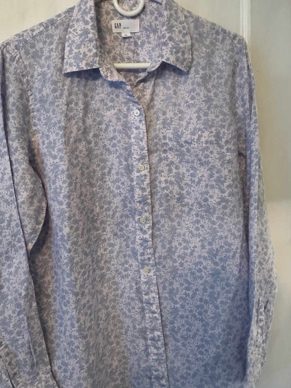 Gap linen boyfriend shirt, pale pink and blue print